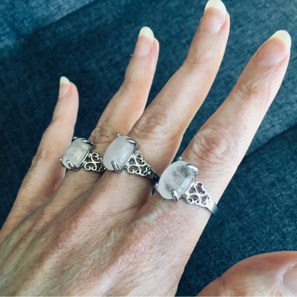 Light Pink Rose Quartz Stone + Silver Fashion Ring
